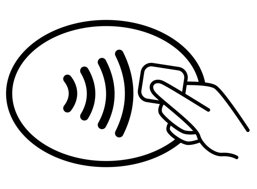 Contactless payment vector icon. Credit card hand, wireless NFC pay wave and contactless pay pass logo.