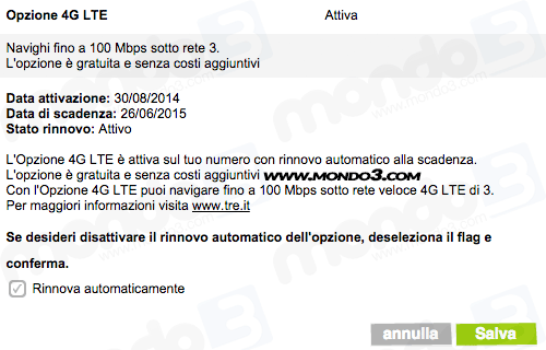 Opzione LTE 4G gratis rinnovo e attivazione