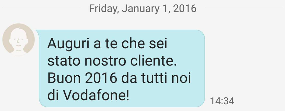 SMS di auguri 2016 da Vodafone agli ex clienti