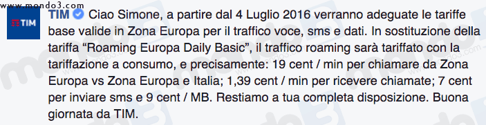 La risposta di TIM (su Facebook) sulla Eurotariffa luglio 2016